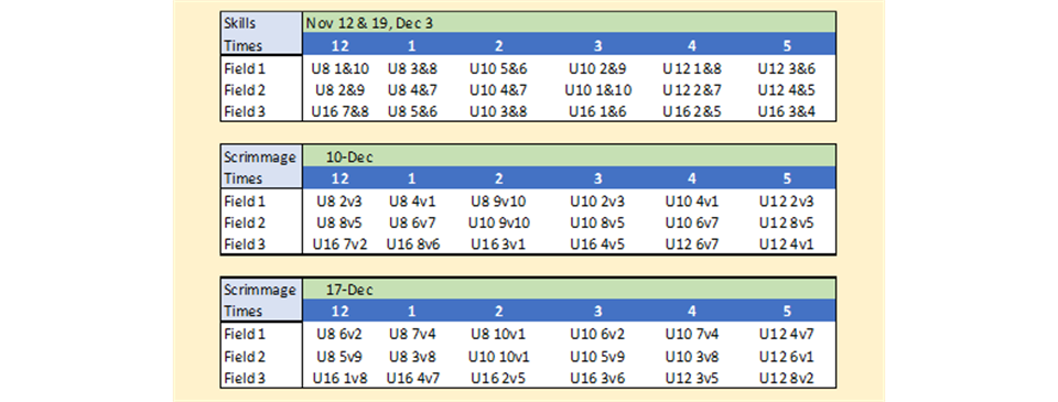 Indoor Schedule for November & December