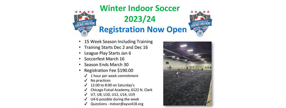 Winter Indoor Soccer 2023/2024.  Registration is open!!