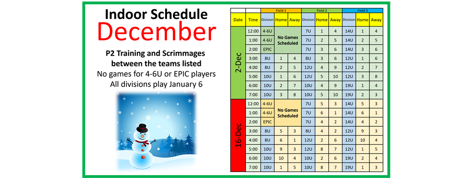 Winter Indoor Soccer 2023/2024. December Schedule