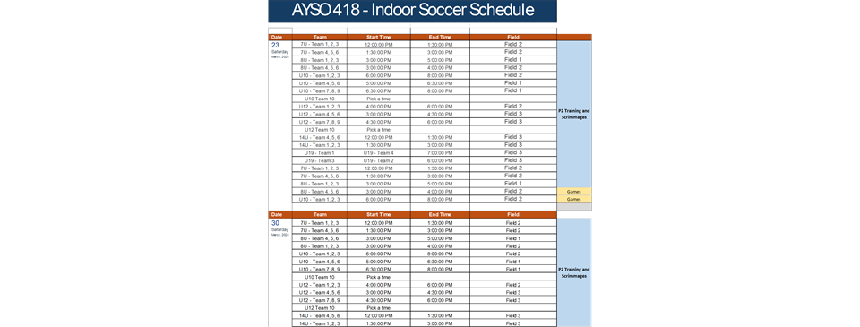 Winter Indoor Soccer 2024.  March Schedule